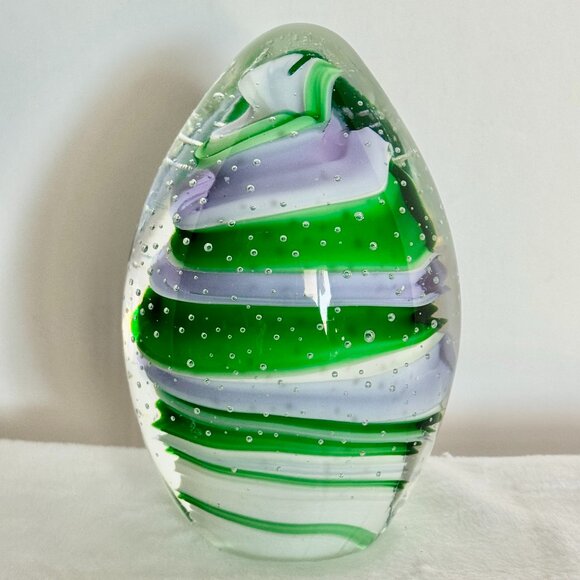 Art Glass Paperweight Egg Shaped Bubbles Green Violet White Blown Glass Decor - Picture 1 of 10